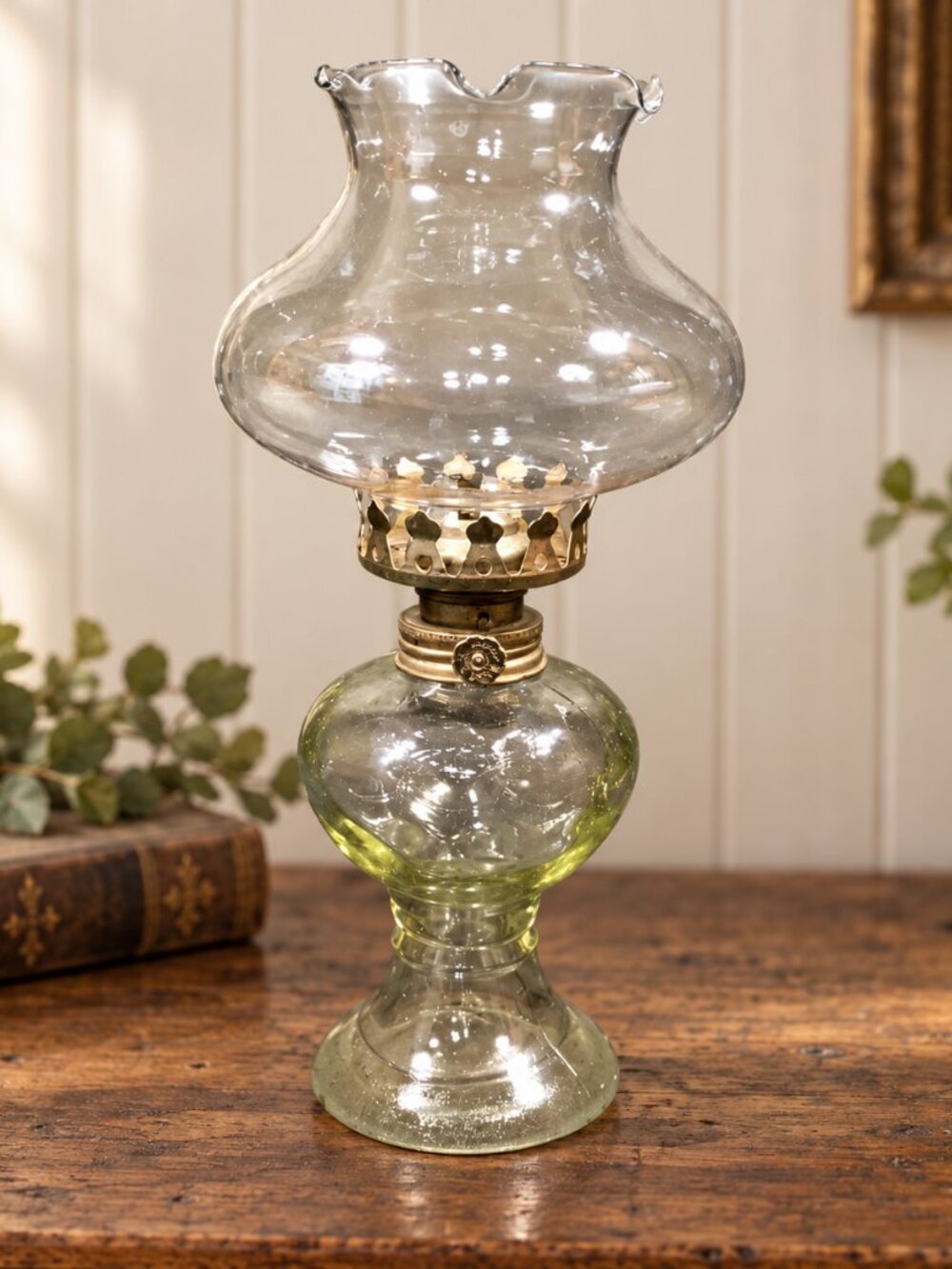 Vintage Miniature Kerosene Oil Lamp Light Green Glass Ruffled Chimney Hong Kong